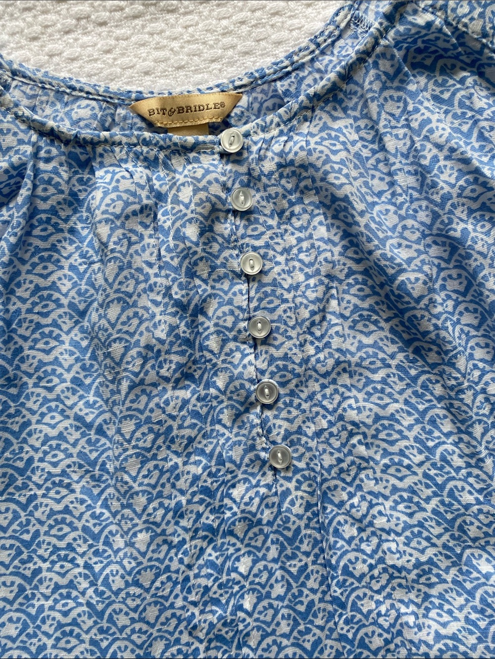 Bit & Bridle lightweight feminine blouse in powder blue and white
